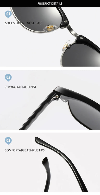 Classic Half Frame Polarized Sunglasses Men Women Retro Rivet Small Sun Glasses Male Popular Black Anti Glare Travelling Shades