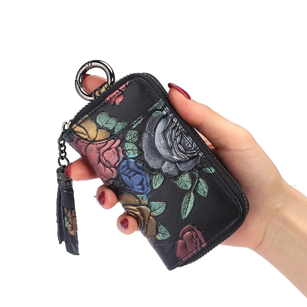 2023 New Painted Rose Genuine Leather Key Holder Pocket Wallet Keys Organizer Keychain for Men and Women Key Case Porta Llaves