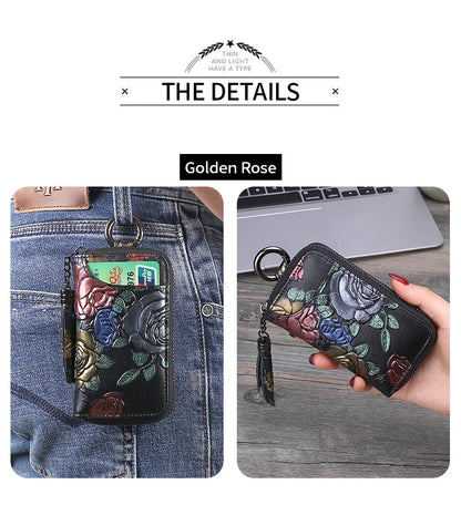 2023 New Painted Rose Genuine Leather Key Holder Pocket Wallet Keys Organizer Keychain for Men and Women Key Case Porta Llaves