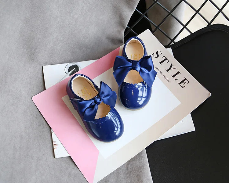 Newest Spring Autumn Baby Girls Fashion Patent Leather Big Bow Princess Mary Janes Party Shoes Solid Color Student Flats Shoes