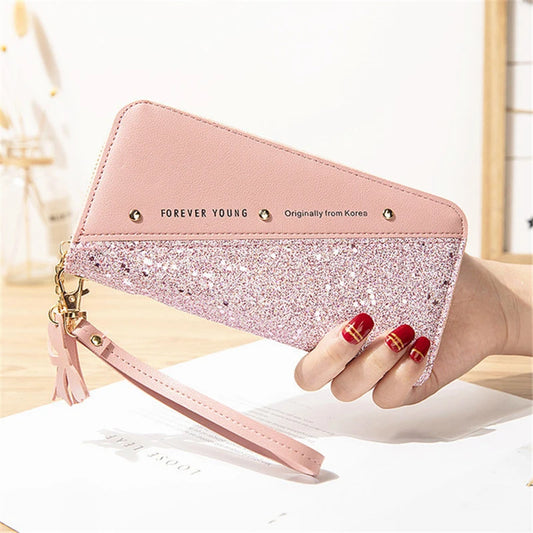 Women Wallets Long Sequined Patchwork PU Leather Forever Young Wallet Female Designer Luxury Fashion Money Purse Clutch Bag