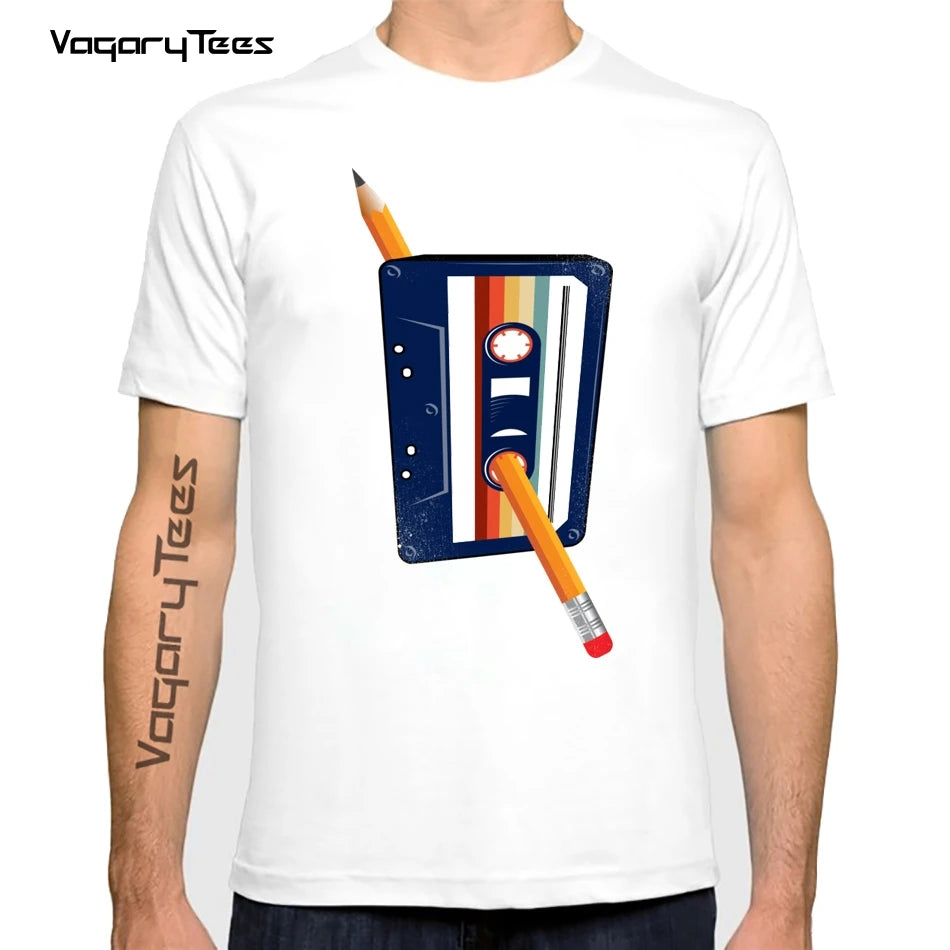 Vagarytees 2022 Cassette tape & Pencil t-shirt homme summer new short t shirt men white casual tshirt unisex streetwear