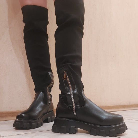 Autumn Winter Platform Leather Over-the-knee Boots Women Plus Size Stretch Boots Punk Shoes Sexy Black High Boots Breathable