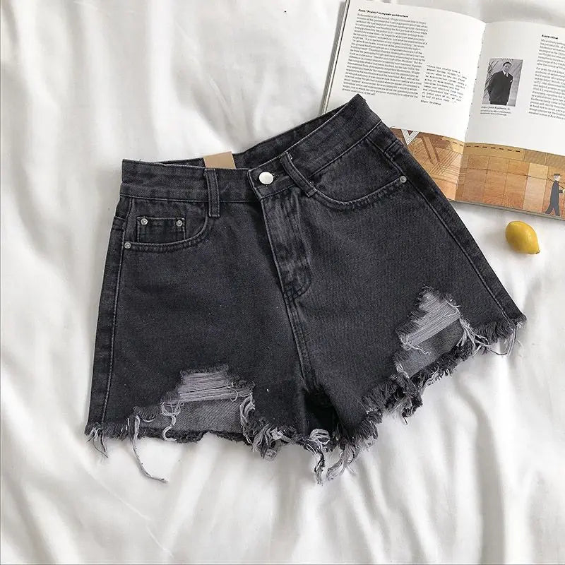 Women's Ripped Jeans Short Pants, Casual High Waist Denim Shorts, Female Clothing, Summer Pocket Hole, 2023