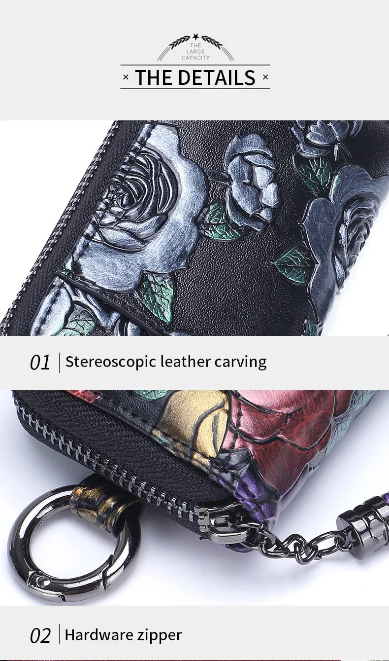 2023 New Painted Rose Genuine Leather Key Holder Pocket Wallet Keys Organizer Keychain for Men and Women Key Case Porta Llaves