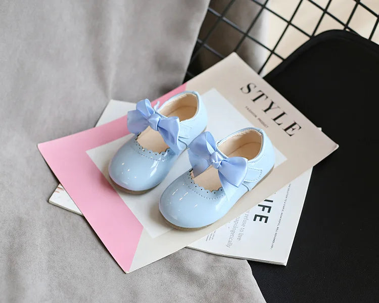 Newest Spring Autumn Baby Girls Fashion Patent Leather Big Bow Princess Mary Janes Party Shoes Solid Color Student Flats Shoes