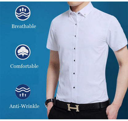 High Quality Non-ironing Men Dress Shirt Short Sleeve New Solid Male Clothing Fit Business Shirts White Blue Navy Black Red