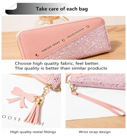 Women Wallets Long Sequined Patchwork PU Leather Forever Young Wallet Female Designer Luxury Fashion Money Purse Clutch Bag