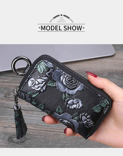 2023 New Painted Rose Genuine Leather Key Holder Pocket Wallet Keys Organizer Keychain for Men and Women Key Case Porta Llaves