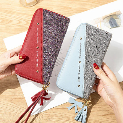 Women Wallets Long Sequined Patchwork PU Leather Forever Young Wallet Female Designer Luxury Fashion Money Purse Clutch Bag