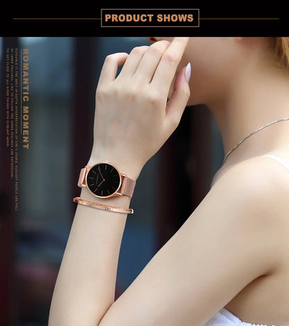 Women Watch 1 set Bracelet Japan Quartz Movement Simple Waterproof Rose Gold Stainless Steel Mesh Ladies watch relogio feminino