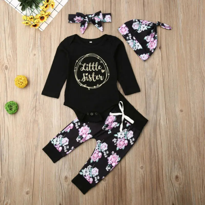 Citgeett Black Newborn Baby Little Sister Girl Clothes Romper+Pants Print Leggings 4Pcs Autumn Fall Clothes