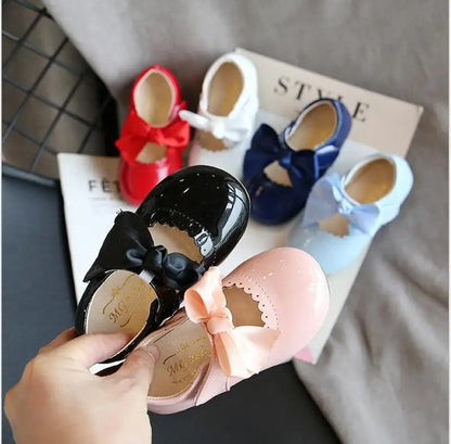 Newest Spring Autumn Baby Girls Fashion Patent Leather Big Bow Princess Mary Janes Party Shoes Solid Color Student Flats Shoes