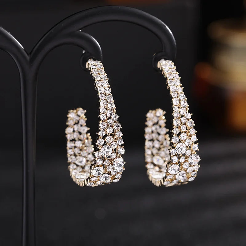 Silver Needle Hoop Earrings for Women Jewelry Clear Crystal Rhinstone Gold Plated Round Hoop Female Earrings