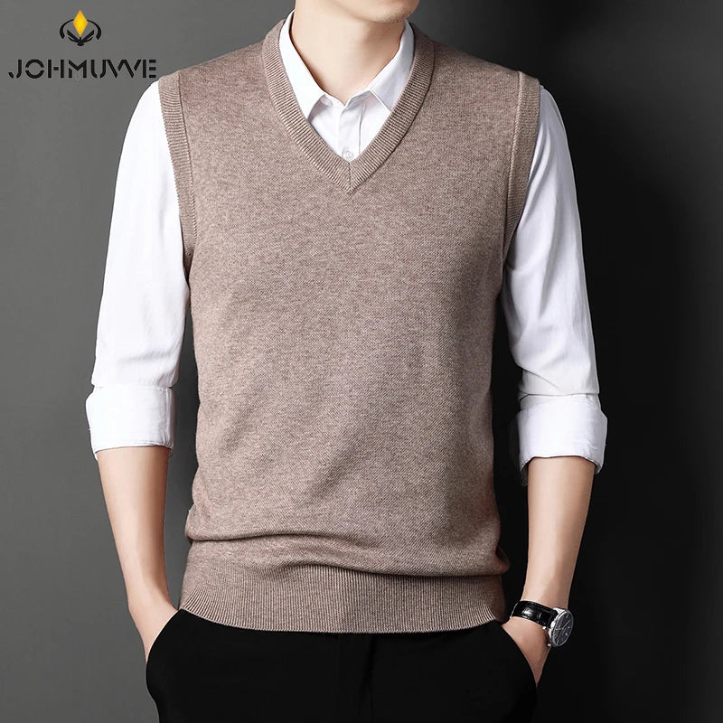 JOHMUVVE  New Men V-neck Vest Trend Retro Solid Color Vest All-match Casual Business Work Woolen Knit Vest Men Autumn