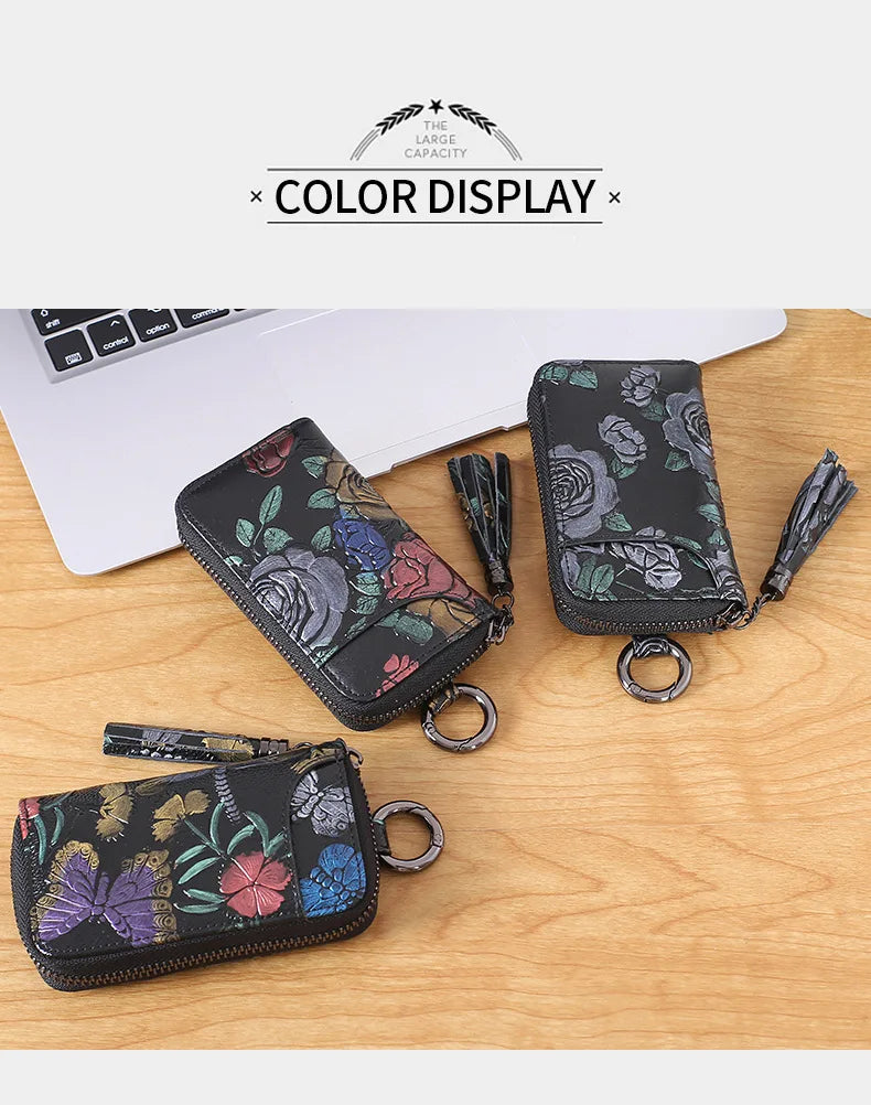 2023 New Painted Rose Genuine Leather Key Holder Pocket Wallet Keys Organizer Keychain for Men and Women Key Case Porta Llaves