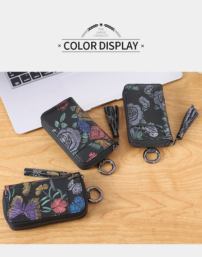 2023 New Painted Rose Genuine Leather Key Holder Pocket Wallet Keys Organizer Keychain for Men and Women Key Case Porta Llaves