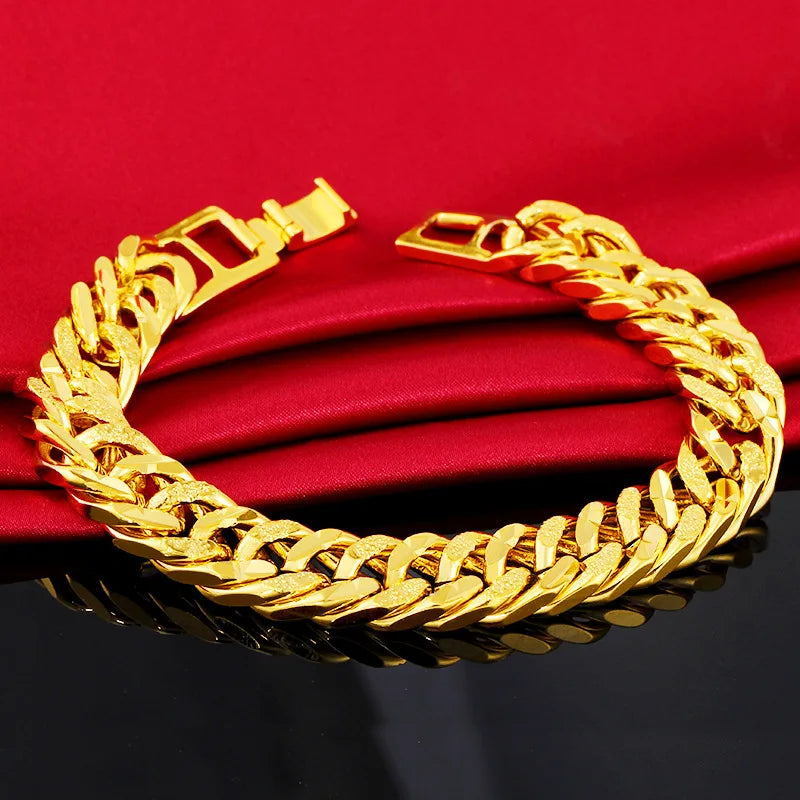 12MM 24K Pure Gold Color Bracelets for Men Women Chain Bracelet Bangles Wristband Pulseira Homme African Gold Jewelry Man Bijoux