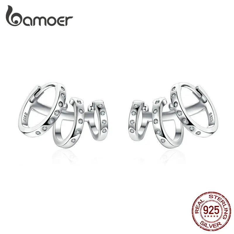 BAMOER Ear Cuff Genuine 925 Sterling Silver Punk Tirple Circle Hoop Earrings for Women Ear Clips Chic Fashion Jewelry BSE085