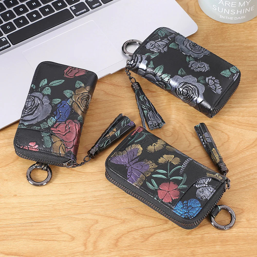 2023 New Painted Rose Genuine Leather Key Holder Pocket Wallet Keys Organizer Keychain for Men and Women Key Case Porta Llaves