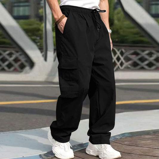 Casual Streetwear Pants Solid Color Cargo Pants Drawstring Design Multi Pocket Loose Baggy Pants for Men's Workwear Trousers