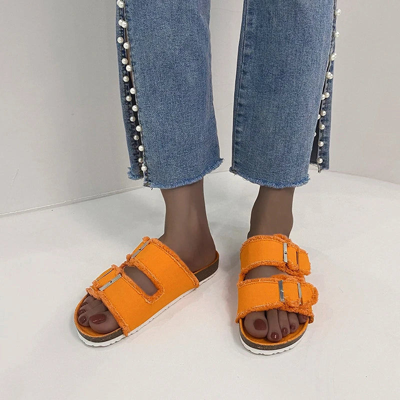 Women's Slippers Flat Bottom Slipper 2023 Summer New Line Slippers Large 43 Denim Leather Buckle Outside Sandals Sandalias