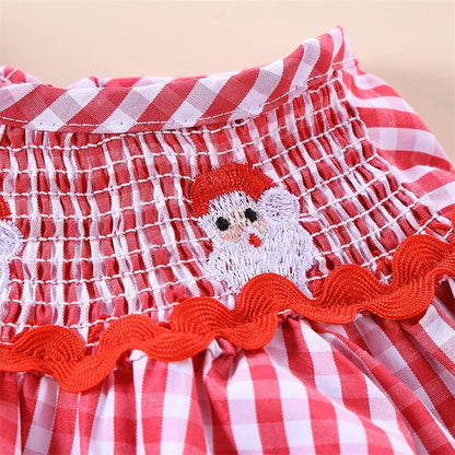 FOCUSNORM 0-18M Autumn Baby Girls Christmas Cute Romper Santa Embroidery Collar Plaid Print Long Sleeve Full Length Jumpsuit