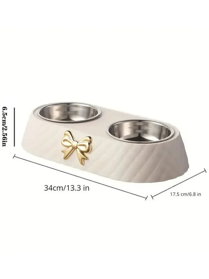 Pet Supplies Bow Tie Cat Food Bowl PP Base Dog Bowl Stainless Steel Double Layer Pet Accessories Feeding and Drinking Double Bow