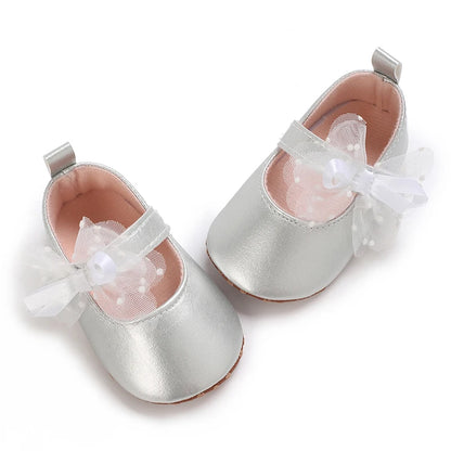 Silver Princess Shoes 0-18M Newborn Casual Shoes Baby Bow Non slip Cloth Bottom Flat Bottom PU Newborn Bow Decoration Mary Janes