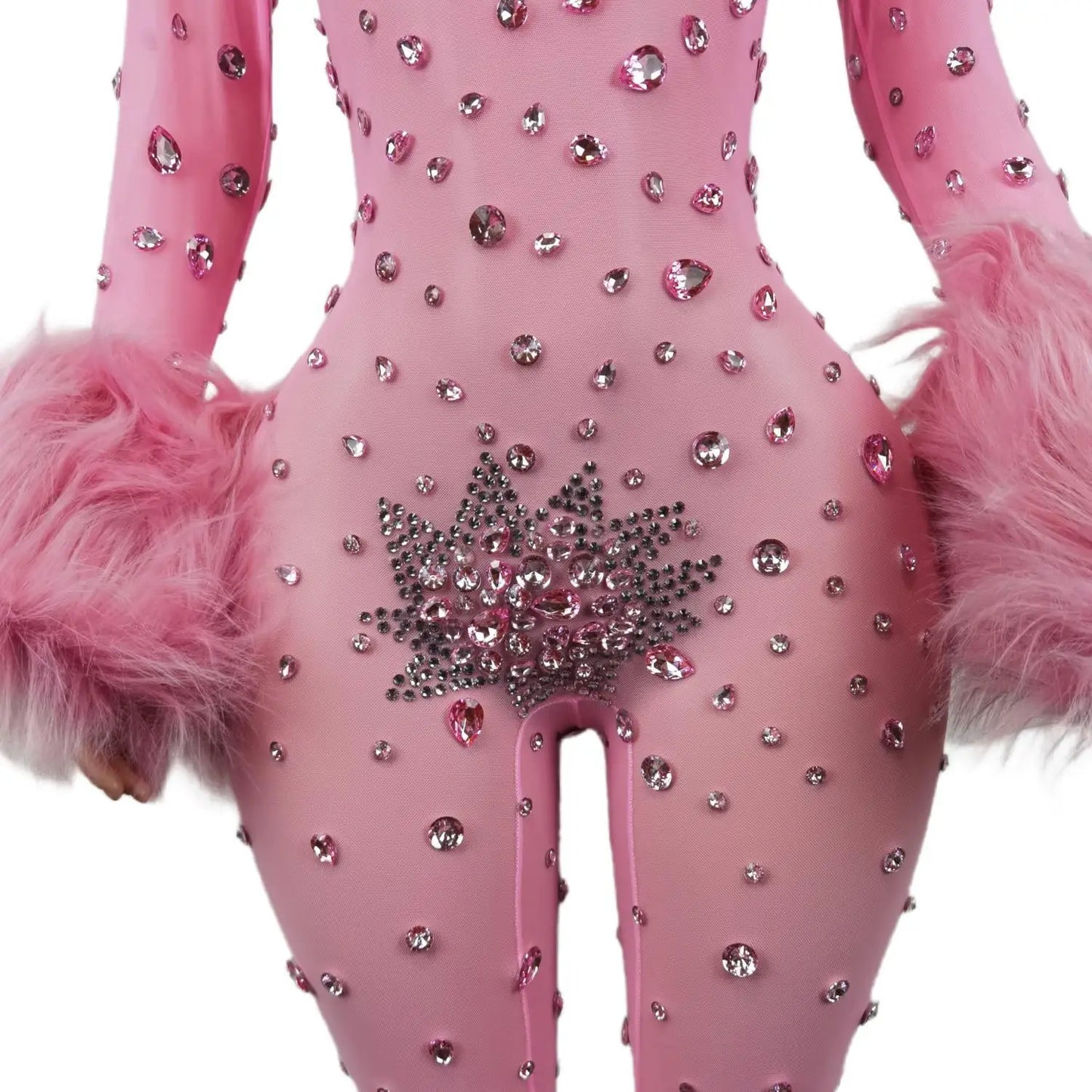 Shiny Pink Mesh Transparent Jumpsuit Sexy Hairy Designe Birthday Outfit Singer Dancer Performance Costume Stage Wear Guibin