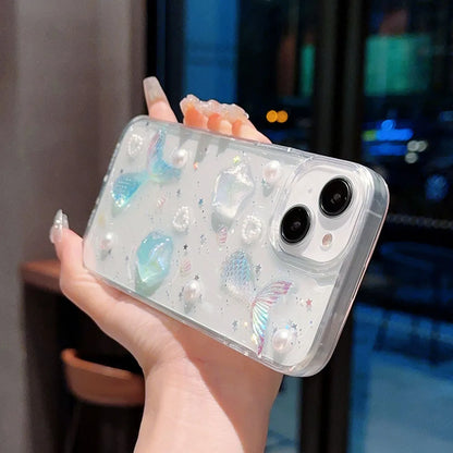 ocean mermaid starfish pearl case for iPhone 11 12 13 14 15 Pro Max 16 Plus clear soft tpu anti-slip glitter back cover