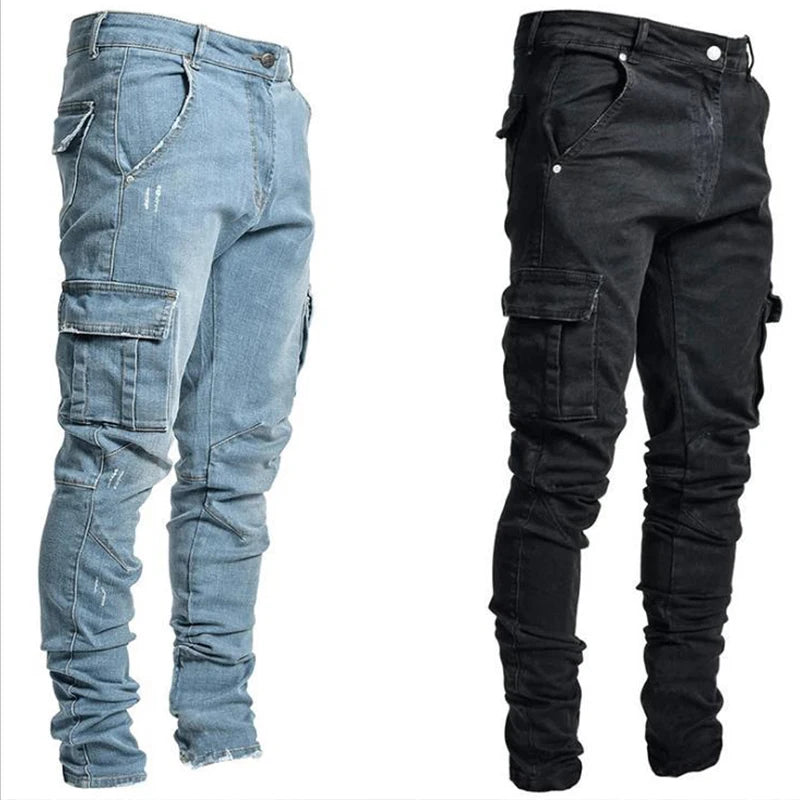 Jeans Men Pants Wash Solid Color Multi Pockets Denim Mid Waist Cargo Jeans Plus Size Fahsion Casual Trousers Male Daily Wear