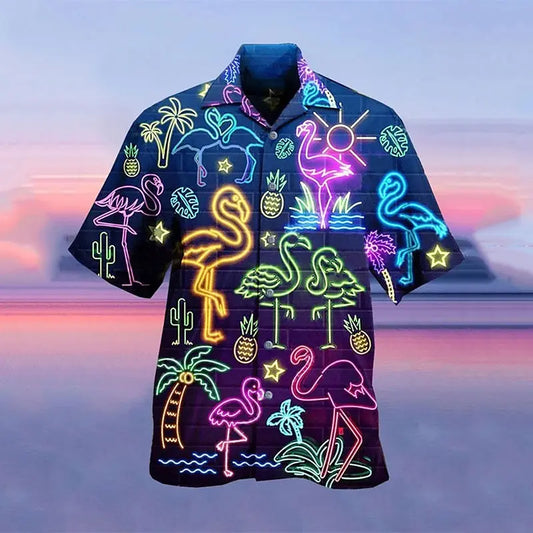 Men's shirt Hawaiian shirt camp T-shirt fluorescent 3D printing street casual short-sleeved clothing fashionable casual