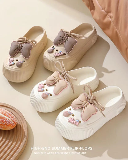 Summer Women's Hole Shoes Cute Bow Thick Sole Anti Slip Resistant Women's Baotou Slippers for Home Outdoor Garden Shoes