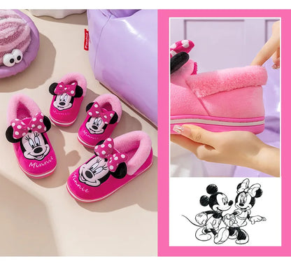 Disney Minnie Children Cotton Slipper Bag Heel Winter Boy Baby Non-slip Hair Mop Indoor Home Shoes Warm Cute Cotton Shoes Winter