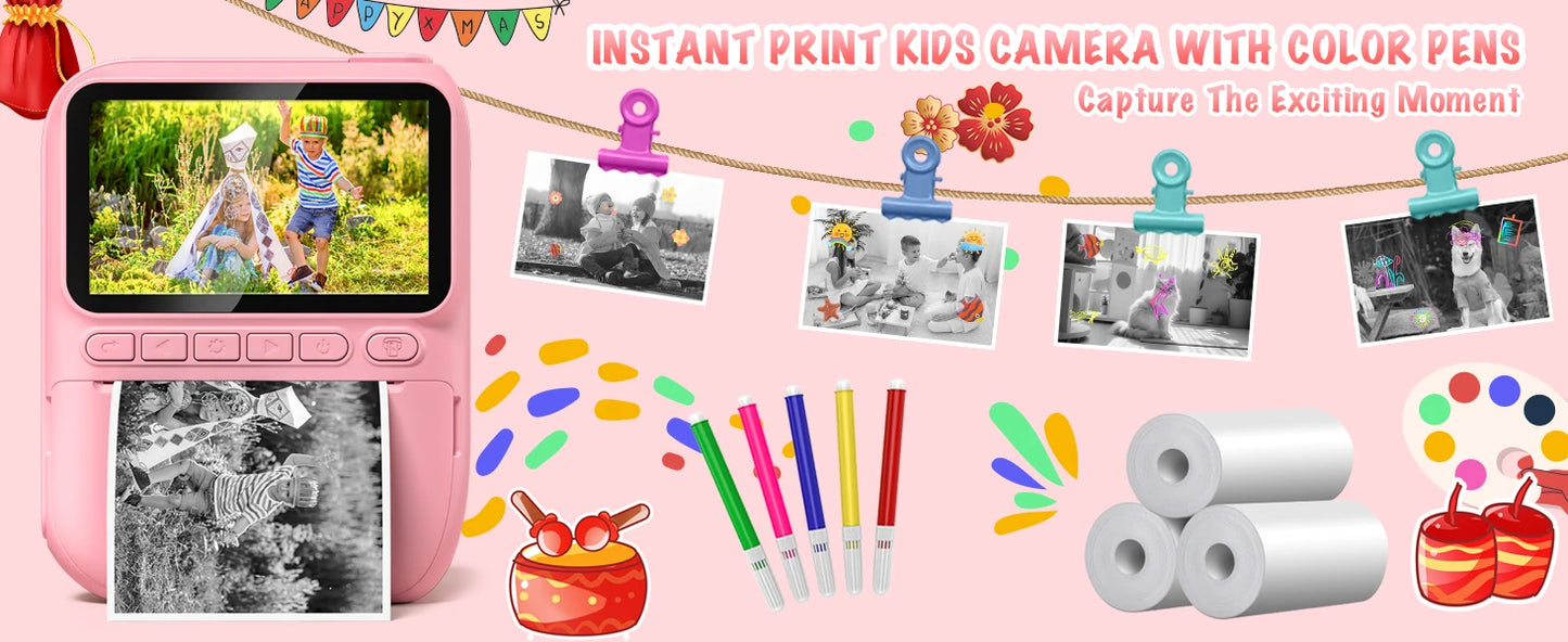 Instant Print Camera for Kids, 3.0" Kids Camera for 6-12 Year, 32MP HD 1080P Digital Camera with 3 Rolls of Printer Paper