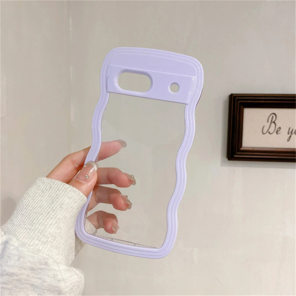 2IN1 Cute Curly Wavy Transparent Phone Case For Google Pixel 8A Korean Candy Color Shockproof Hard Cover For Google Pixel 7A