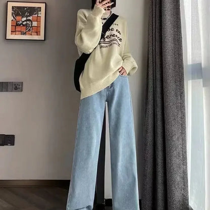 Plush Jeans Velvet Thickened High Waist Wide Leg Jeans for Women's 2023 Winter New Ins Style Loose Slim Drop Long Pants