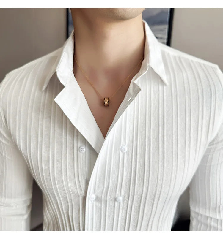 British Style Men Double Breasted Shirt 2023 Autumn New Long Sleeved Striped Slim Fit Shirts Formal Business Social Party Tuxedo