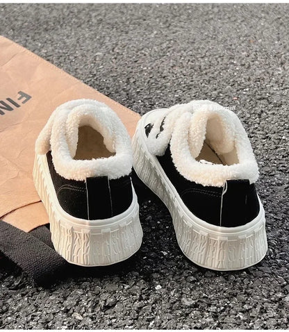 SyfIyno New Winter Women Breathable Warm Sneakers White Black Wool Shoes Sneakers Casual Running Platform Y2K Lolita Shell Shoes