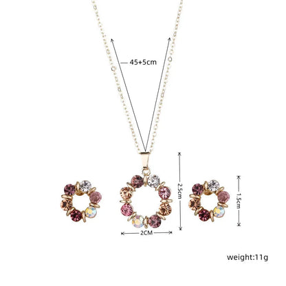 3pcs Gold Necklace Earrings Set Ladies Celebrity Simple Fashion Style Exquisite Stained Glass Diamond Circle Shape Jewelry