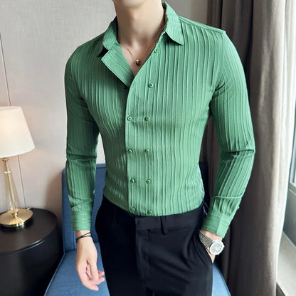 British Style Men Double Breasted Shirt 2023 Autumn New Long Sleeved Striped Slim Fit Shirts Formal Business Social Party Tuxedo