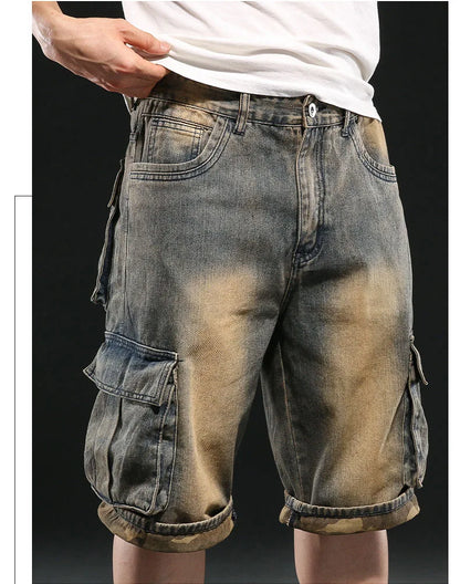 Men's Wide-leg Denim Shorts Multi Pocket 7 Point Work Cargo Jeans Shorts Fat Plus Size Denim Shorts Male