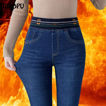 Winter Plush Velvet Lined Pencil Jeans Women Thicken Skinny High Waist Denim Pants Warm Big Size 36 Stretch Kot Pantolon Stretch