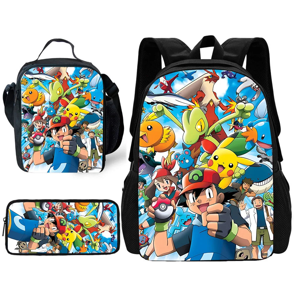 3 pcs set Cute Anime Pikachus Gengars Child School Backpack with Lunch Bags ,Pencil Bags ,School Bags for Boys Girls Best Gift