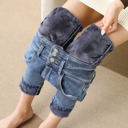 Women's Warm Fleece Skinny Jeans Winter New Thick Velvet Leggings Elastic High Waist Multiple Buttons Fashion Slim Pencil Pants