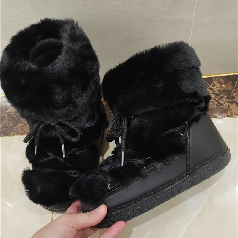 Fluffy Fur Boots 2024 Winter Fashion Sexy Faux Fox Fur Snow Boots Ladies Furry Warm Cotton Boots Female Outdoor Ski Boots