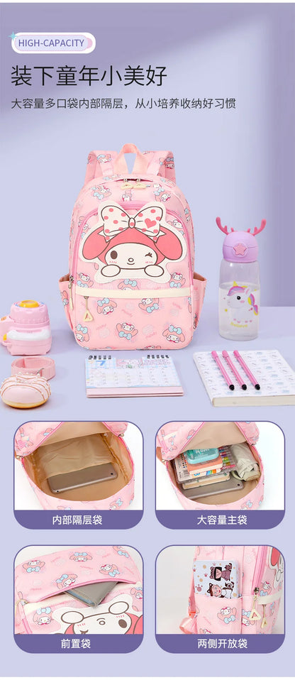 Anime Hello Kitty Kuromi Melody Kids School Bag Cartoon Cute Boys and Girls Travel Backpack 1-2 Grade Elementary School Backpack