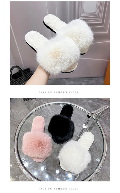 New Woman Slippers Winter Simple Word Fur Flats Soft Home Women Slippers Faux Fur Warm Bedroom Leisure Female Shoes