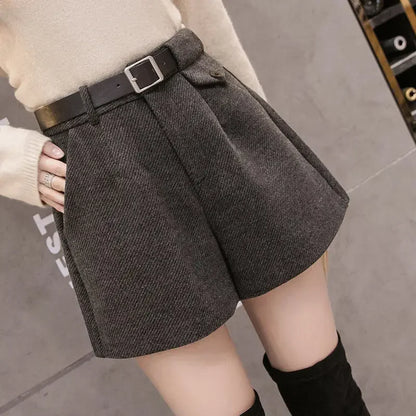 2024 New Women's Woolen Shorts A-line Loose High-Waisted Casual Thick Boots Pants for Autumn Winter Comfortable Bootcut Black